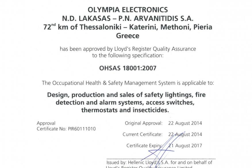 Certificate OHSAS 18001:2007 Lloyd's Registered 